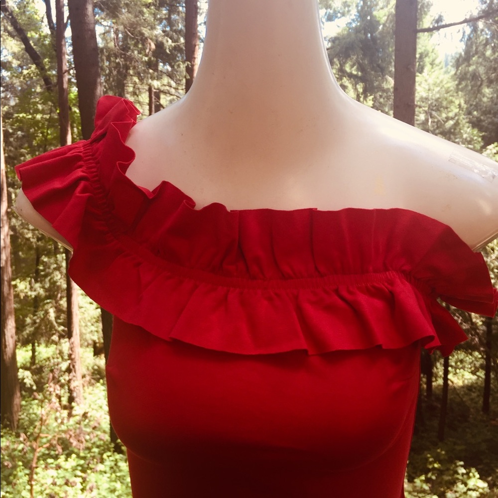Bebe ruffle neck slim fit saffron red knit off the shoulder dress - Picture 1 of 8